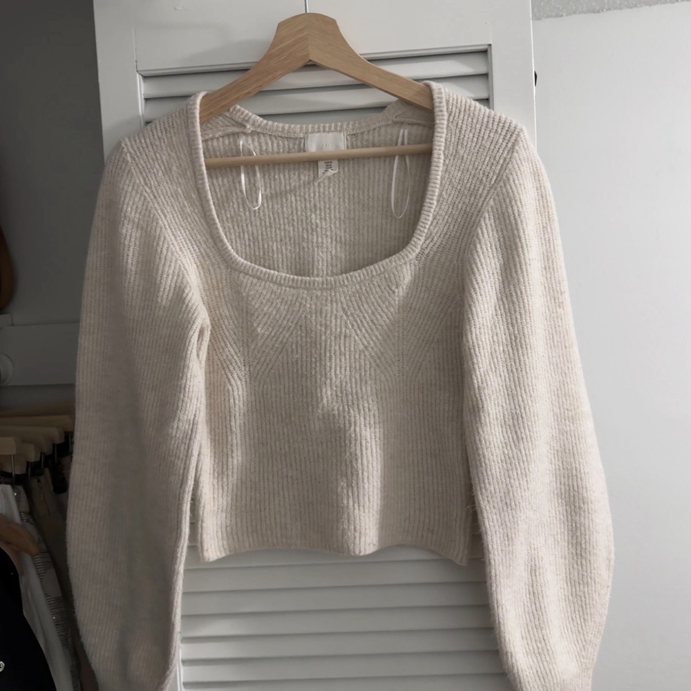 H&M Cream Ribbed Cropped Sweater | Square Neck | Size XS